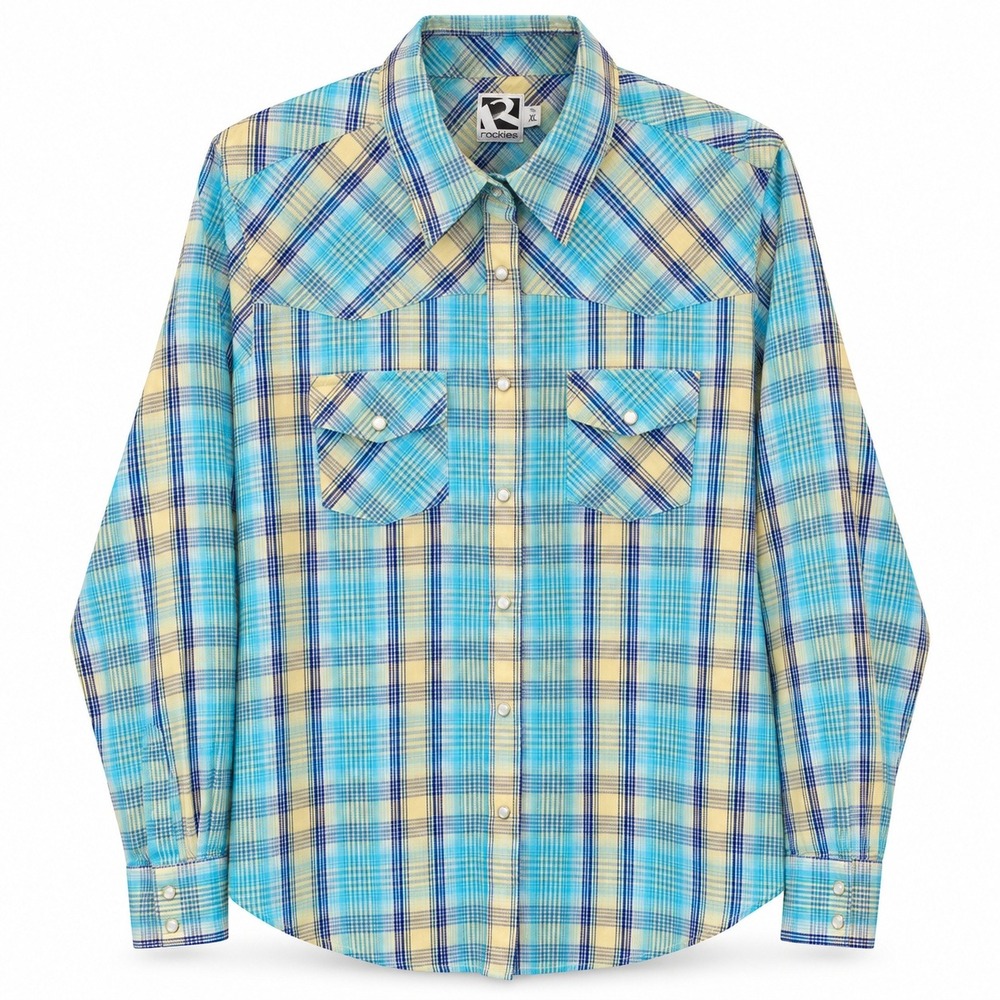 Rockies Vintage Western Shirt Women’s XL Blue Plaid Pearl Snap Coastal Cowgirl - Picture 2 of 12
